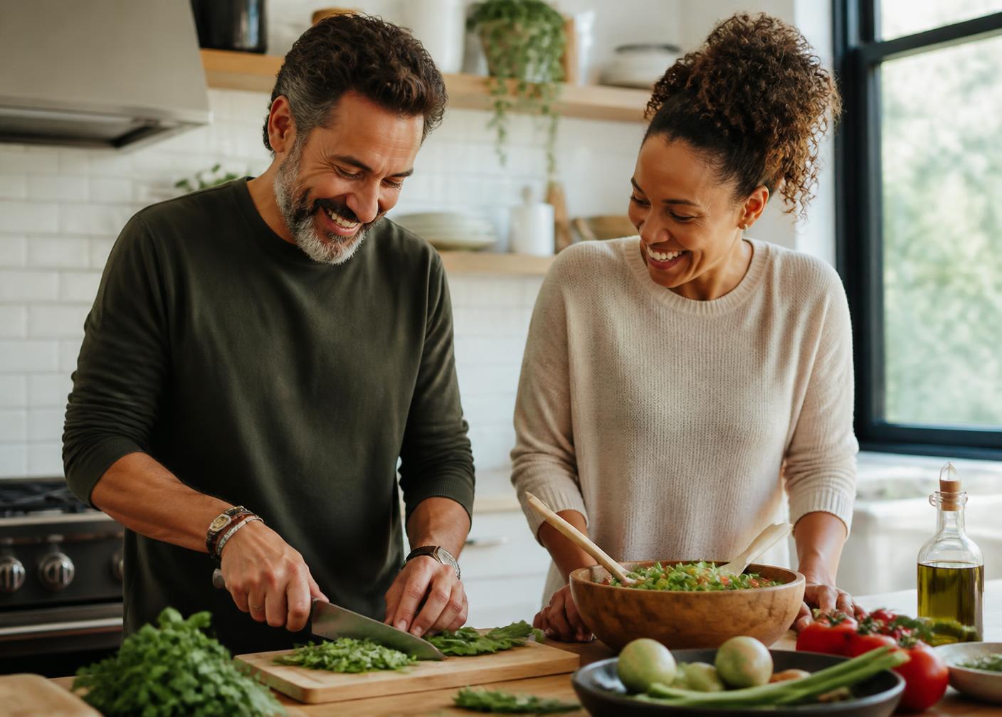 A couple cooking a healthy meal at home